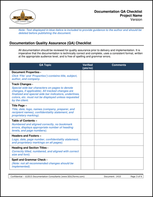 SDLCforms Documentation QA Checklist Template